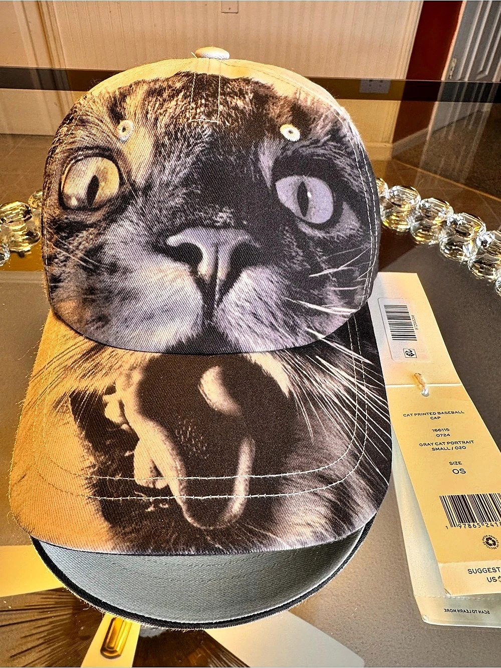 NWT Tory Burch Cat Printed Baseball Cap In Gray Cat Portrait Small